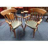 PAIR OF OAK SPAR BACK OPEN ARMCHAIRS ON TURNED SUPPORTS