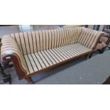 19TH CENTURY MAHOGANY ROLL ARM SETTEE ON TURNED SUPPORTS