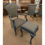 PAINTED OPEN ARMCHAIR ON CABRIOLE SUPPORTS AND PAINTED STOOL ON QUEEN-ANNE SUPPORTS