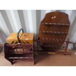 OAK SEWING BOX WITH CONTENTS AND MAHOGANY MAGAZINE RACK ETC