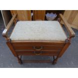 MAHOGANY PIANO STOOL WITH 2 FALL FRONT DRAWERS ON TURNED SUPPORTS.