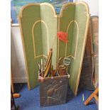 BRASS STICK STAND WITH EMBOSSED MARITIME DECORATION AND VARIOUS WALKING STICKS AND FABRIC 3 PART