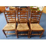SET OF 6 OAK LADDER BACK CHAIRS WITH TURNED SUPPORTS & RAFFIA SEATS