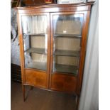 LATE 19TH CENTURY INLAID MAHOGANY CABINET WITH SERPENTINE FRONT & SHELVED INTERIOR BEHIND 2 GLAZED