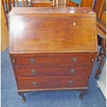 INLAID MAHOGANY BUREAU WITH FALL FRONT OVER 3 DRAWERS ON SHORT QUEEN ANNE SUPPORTS.