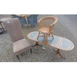 LATE 19TH CENTURY OVERSTUFFED TALL BACK CHAIR ON SQUARE SUPPORTS AND WICKER CHILDS CHAIR,