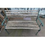 WOODEN GARDEN BENCH WITH PAINTED CAST METAL ENDS