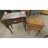 RUSTIC SIDE TABLE WITH SHAPED TOP & SINGLE DRAWER ON SPLAYED SUPPORTS AND NEST OF 3 WALNUT TABLES