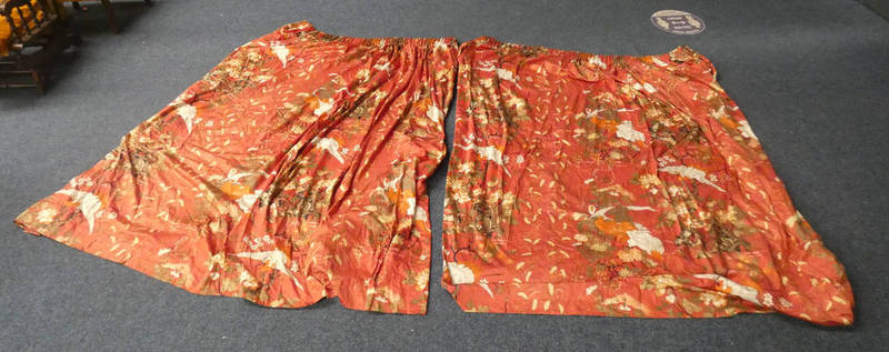 PAIR OF LINED CURTAINS WITH RED FLORAL & BIRD ORIENTAL DECORATION 221 CM LONG X 130 CM WIDE