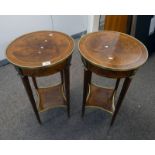 PAIR OF 19TH CENTURY STYLE INLAID WALNUT SINGLE DRAWER CIRCULAR OCCASIONAL TABLES WITH GILT ORMOLU