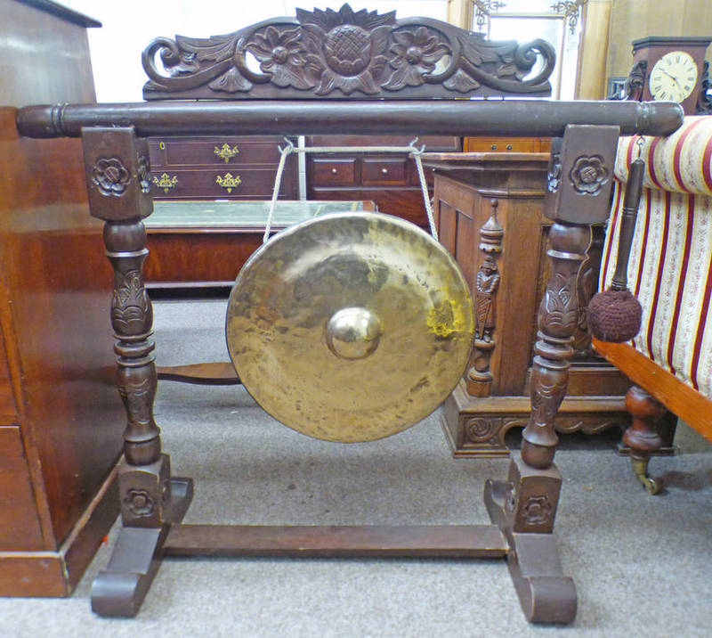 LATE 19TH CENTURY GONG ON STAND WITH CARVED DECORATION - MAX HEIGHT 100CM