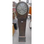 OAK CASED GRANDMOTHER CLOCK WITH SILVERED DIAL.