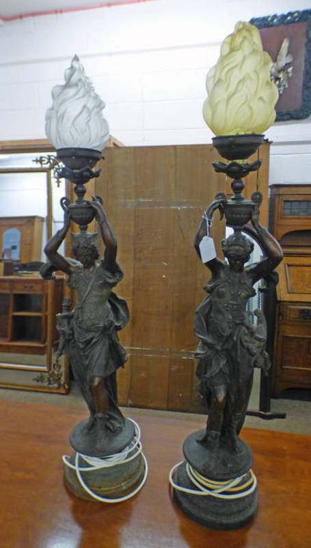 PAIR OF LATE 19TH CENTURY METAL LAMPS ON CIRCULAR BASES.