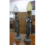 PAIR OF LATE 19TH CENTURY METAL LAMPS ON CIRCULAR BASES.