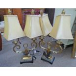 PAIR OF GILDED METAL TABLE LAMPS ON EBONISED BASES