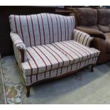 MAHOGANY FRAMED 2 SEATER SETTEE WITH STRIPED PATTERN ON CABRIOLE SUPPORTS
