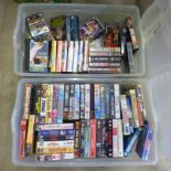 2 BOXES OF VARIOUS VIDEO TAPES TO INCLUDE TITLES SUCH AS THE EXORCIST, ROBOCOP,