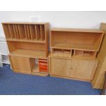 2 OAK STORAGE UNITS WITH OPEN SHELVES & 2 SLIDING PANEL DOORS