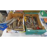 2 BOXES OF VARIOUS TOOLS TO INCLUDE CHISELS, SET SQUARES, HAND CRANK GRINDER,