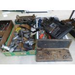 3 BOXES OF VARIOUS TOOLS TO INCLUDE DRILL BIT SET, OLDER POWER TOOLS, PLIERS,