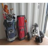 WILSON STAFF GOLF BAG WITH SELECTION OF CLUBS WITH OTHER GOLF BAG AND A BELLMAN POWER CADDY