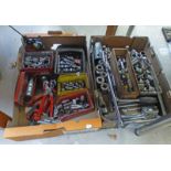 2 BOXES OF VARIOUS TOOLS TO INCLUDE SOCKET WRENCH SET PIECES, RIVETERS,