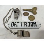 RAILWAYANA TO INCLUDE ACME THUNDERER WHISTLE, POLICE SPECIAL WHISTLE, LNWR 123 PC BRASS TOKEN/BADGE,