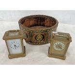 TWO CARRIAGE CLOCKS AND A METAL BOUND WOODEN PAIL WITH PAINTED DECORATION - 3 -