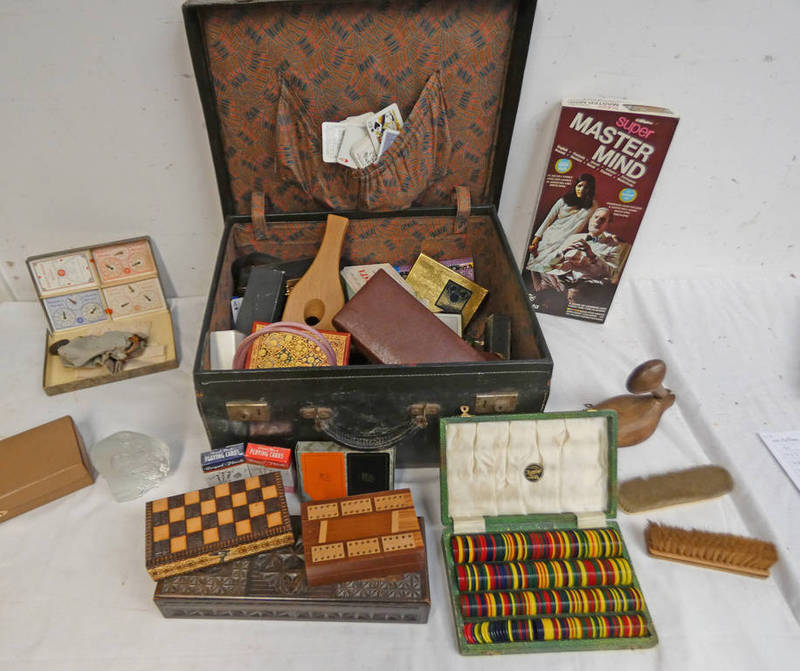 LEATHER SUITCASE WITH CONTENTS OF VARIOUS PLAYING CARDS, BRUSHES, PURSES,