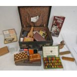 LEATHER SUITCASE WITH CONTENTS OF VARIOUS PLAYING CARDS, BRUSHES, PURSES,