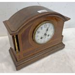 INLAID MAHOGANY MANTLE CLOCK WITH WHITE ENAMEL FACE & FRENCH WORKS