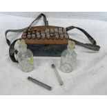 19TH CENTURY LEATHER AND WOODEN VIAL / GLASS TEST TUBE HOLDER WITH CONTENTS ETC