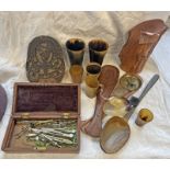 VARIOUS ITEMS TO INCLUDE A HORN JUG ETCHED 'ST HELENA POW 1802', HORN CUPS, HORN SPOON,