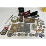 VARIOUS EMPHEMERA TO INCLUDE MICROMETERS, BRASS CASED DIAL, MONIFIETH BOWLING CLUB PATCH,