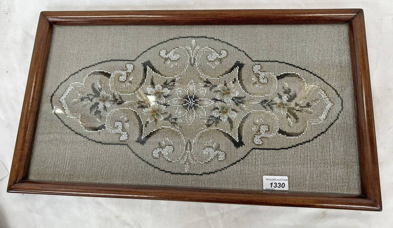 19TH CENTURY MAHOGANY & GLASS FRAMED BEAD WORK TAPESTRY