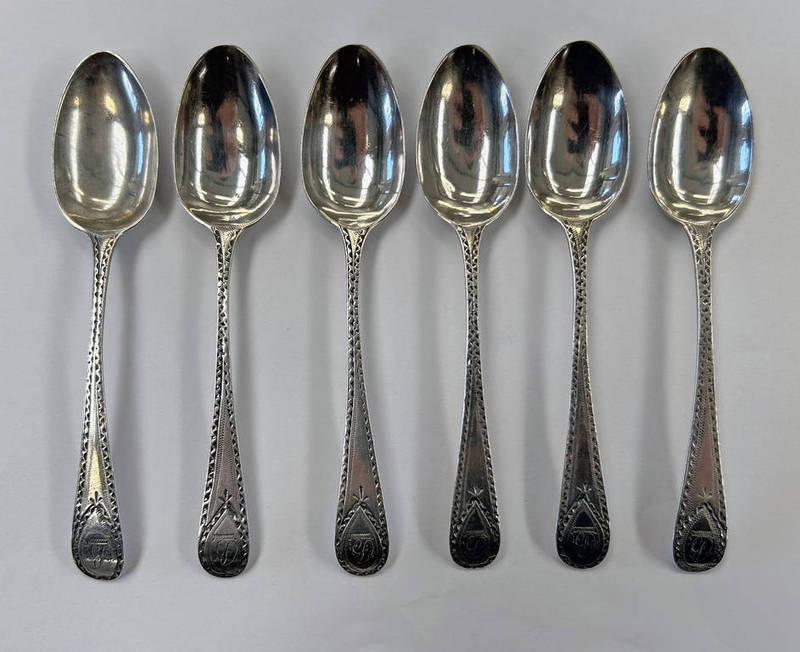 SET OF 6 GEORGE III BRIGHT-CUT SILVER TEASPOONS BY BENJAMIN MOUNTIGUE,