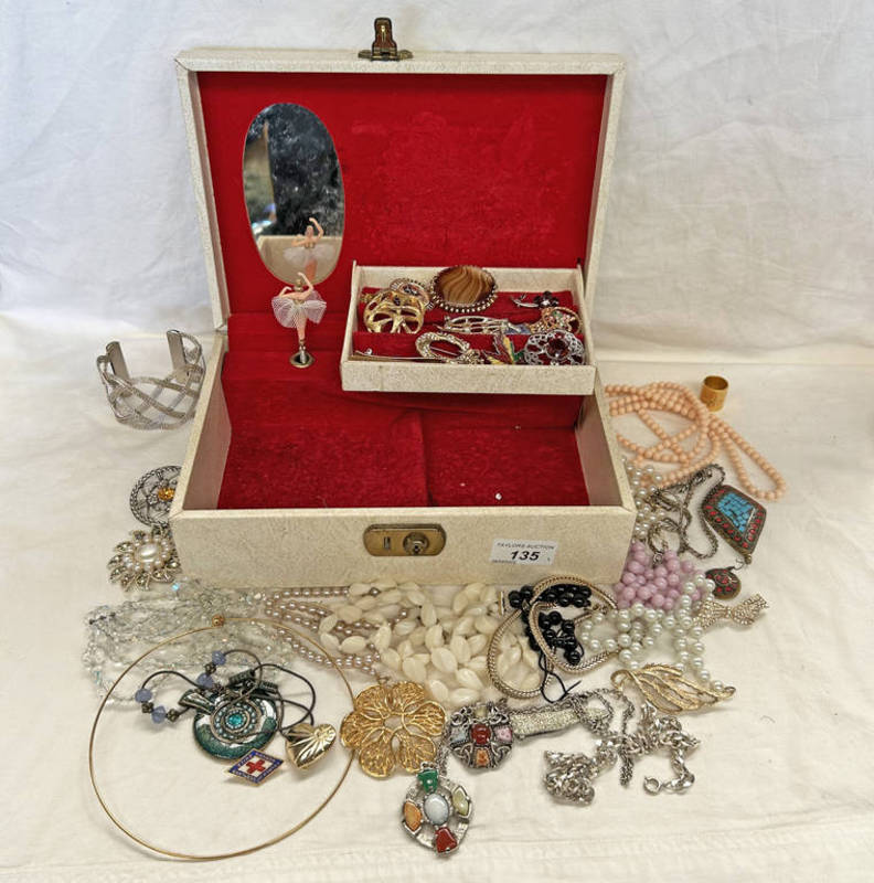 MUSICAL JEWELLERY BOX AND CONTENTS OF BEAD NECKLACES, BANGLES, BROOCHES ETC.