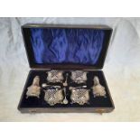 CASED 6 PIECE SILVER CONDIMENT SET WITH PIERCED DECORATION & BLUE GLASS LINERS BY WILLIAM OLIVER,