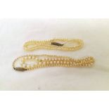 2 CULTURED PEARL NECKLACES ON MARCASITE SET CLASPS
