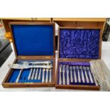 19TH CENTURY BRASS BOUND BURR WALNUT CUTLERY BOX & CONTENTS AND AN OAK CASED SET OF SILVER PLATED