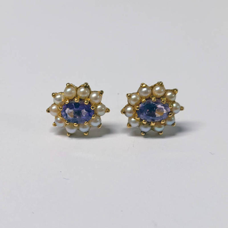 PAIR OF 9 CT GOLD PEARL & AMETHYST EAR STUDS,