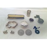 SCOTTISH SILVER CIRCULAR PILL BOX, MEXICAN WHITE METAL BRACELET & EAR CLIPS, CHINESE COIN,