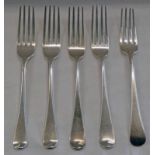 5 GEORGE II SILVER TABLE FORKS, LONDON 1776,