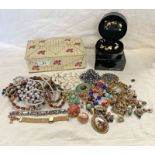 JEWELLERY BOX AND VARIOUS BEAD NECKLACES, BROOCHES, PIERRE CARDIN EARRING BOX AND EARRINGS ETC.