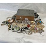 PEWTER MOUNTED JEWELLERY BOX AND CONTENTS OF VARIOUS BEAD NECKLACES, BANGLES,