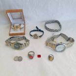 9CT GOLD LADIES WRISTWATCH, 2 OTHER WATCHES, PAIR EARRINGS,