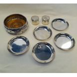 5 SILVER PIN DISHES, MARKED 925 & SILVER MAHOGANY WINE COASTER,