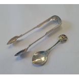 PAIR OF VICTORIAN SCOTTISH SILVER SUGAR TONGS, GLASGOW 1839 & AN IONA SILVER SPOON BY JOHN HART,