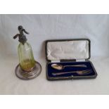 GLASS PERFUME BOTTLE IN A SILVER STAND & CASED SILVER FORK & SPOON SET - 125 G WEIGHABLE SILVER.