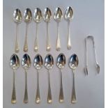 SET OF 12 SILVER TEASPOONS & MATCHING SUGAR TONGS BY JOSEPH ROGERS,